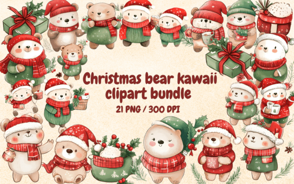 Christmas Bear Kawaii Clipart Cute PNG for Illustrations