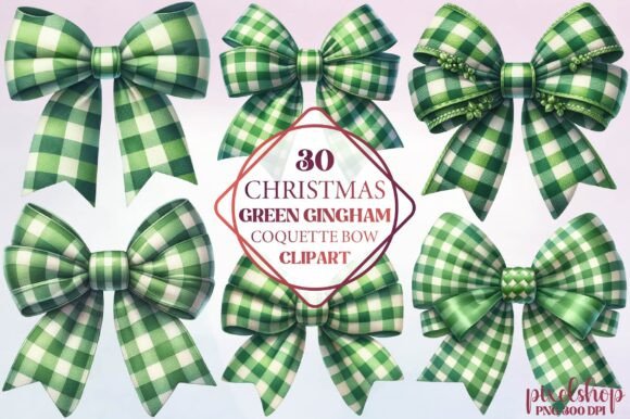 Christmas Green Gingham Coquette Bow Illustrations Review
