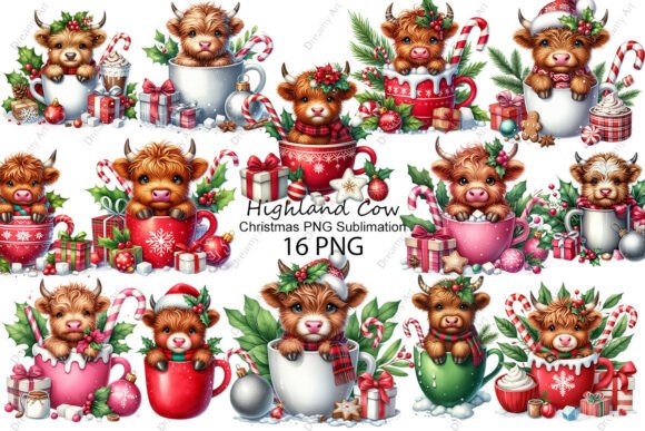 Christmas Highland Cow PNG Sublimation for Illustrations