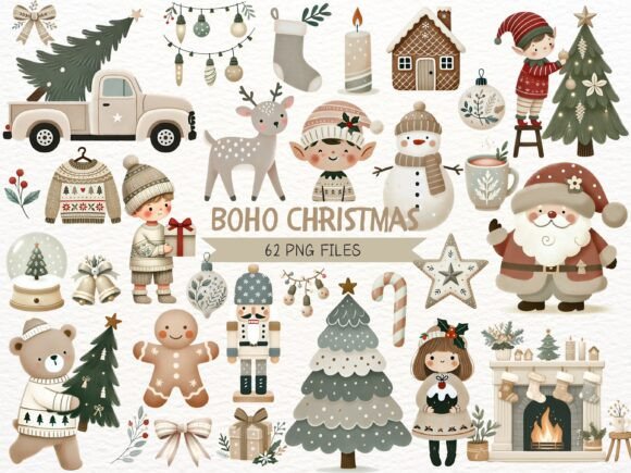 Cute Boho Christmas Watercolor Clipart for Modern Illustrations