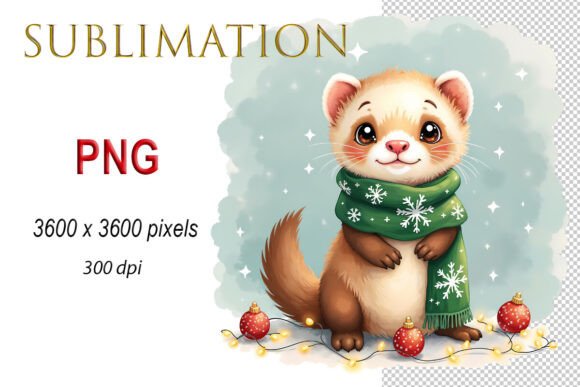 Ferret, Christmas Watercolor PNG for Festive Illustrations