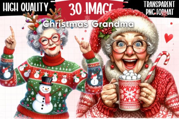 Funny Christmas Grandma Clipart for Brand Illustrations