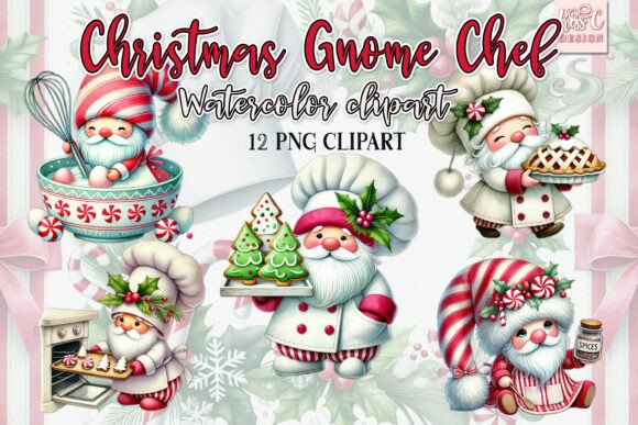 Watercolor Christmas Gnome Chef Clipart for Illustrations