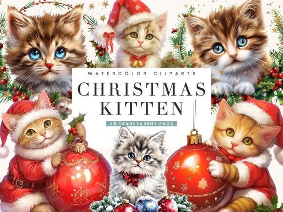 Watercolor Christmas Kitten Clipart for Festive Illustrations