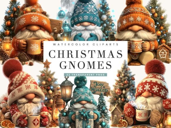 Watercolor Cozy Christmas Gnomes Bundle for Illustrations