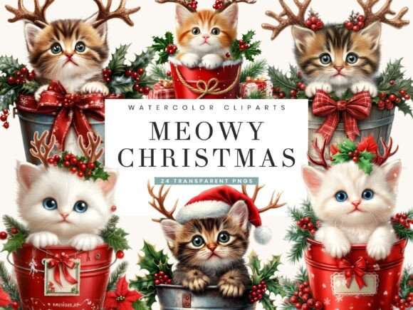 Watercolor Meowy Christmas Clip Art for Illustrations